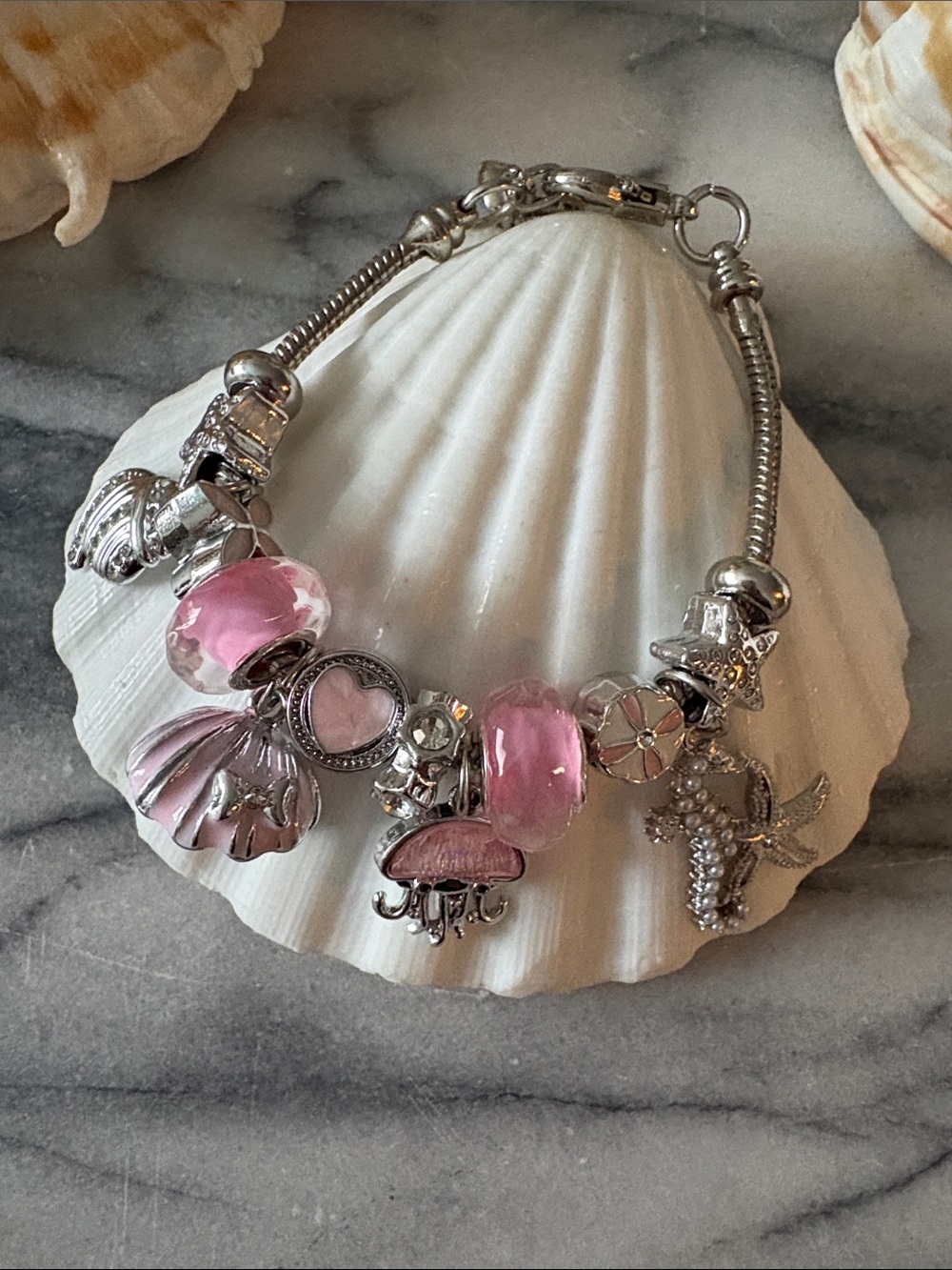 Sterling Silver Charm Bracelet with Pink Glass Beads - Women Jewelry